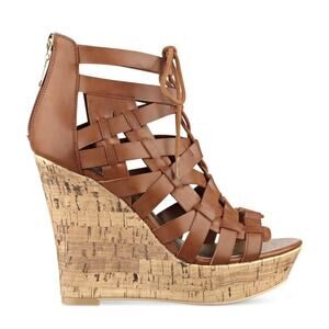 G by GUESS Brown Cork Platform Wedge Sandals - Size 7